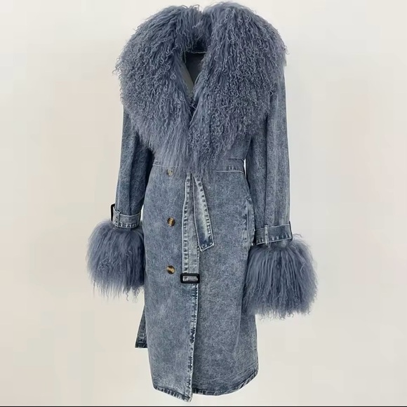 NWT Stylish Denim Coat with Faux Fur Trim - Picture 2 of 3